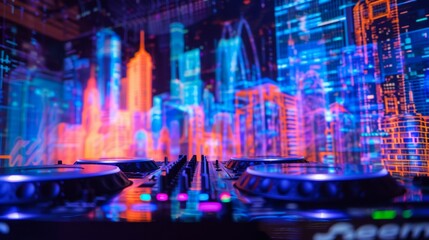 Poster - A close-up of a DJ mixer with colorful lights in the background, creating a vibrant and energetic scene.