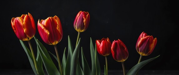 Wall Mural - red tulips on plain black background for banner with copy space