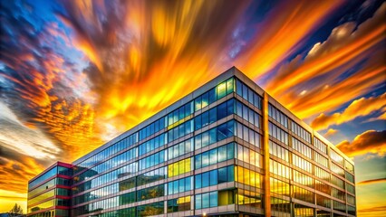 Office builiding, exterior view on the sky background with colorful yellow and orange clouds, public urban scene, panning, close up, time lapse, long exposure, multiple exposure, perspective. ProResHQ