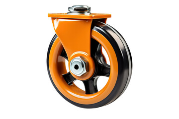 A Single Orange and Black Swivel Caster Wheel With a Metal Axle, Isolated on White Background on a White or Clear Surface PNG Transparent Background.