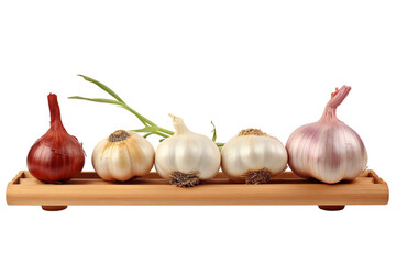 Wall Mural - A Trio of Garlic and a Single Red Onion Rests on a Wooden Board on a White or Clear Surface PNG Transparent Background.