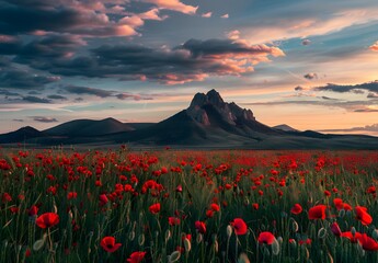 Wall Mural - Poppy Field Sunset with Majestic Mountain