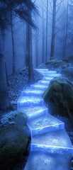 Canvas Print - A blue staircase in a forest with a blue glow