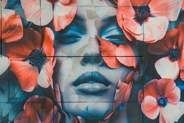 Sticker - A woman with colorful flowers painted on her face, looking directly at the camera, Create a visually striking layout that captures attention