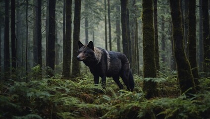 Wall Mural - Tracker silently stalking through dense forest at daw