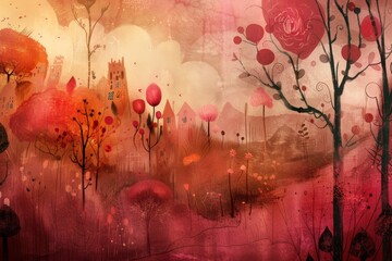 Canvas Print - Lively scene featuring colorful flowers and lush trees in a field, Create a whimsical illustration with various red tones blending together as the canvas