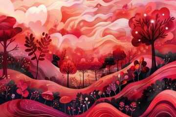 Poster - A painting depicting a vibrant landscape filled with tall trees and fluffy clouds, Create a whimsical illustration with various red tones blending together as the canvas