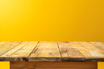 Wall Mural - Empty wood table top on yellow background for product display presentation with space for text or decoration, e-commerce concept. Wide angle lens shows a realistic daylight scene.