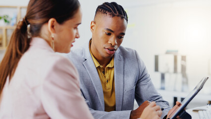 Wall Mural - Tablet, diversity and corporate team collaboration, communication or teamwork on work flow analysis. Entrepreneur partnership, discussion and black man, woman or people speaking about web statistics