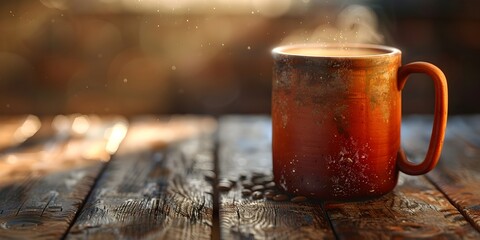 Canvas Print - A Cozy Cup of Coffee on a Rustic Wooden Table with Warm Autumn Tones and Subtle Reflections