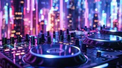 A close-up of a DJ mixer with glowing buttons and dials, the background blurred with a vibrant cityscape of colorful neon lights.