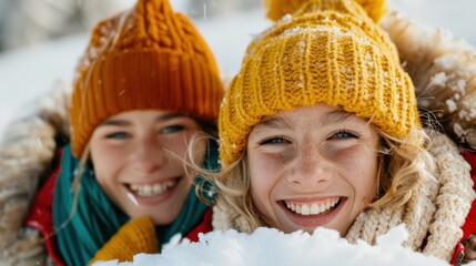 Two friends wearing bright winter hats and coats smile together in a snowy outdoor scene, capturing the joy of the winter season and their friendship in the cold weather.