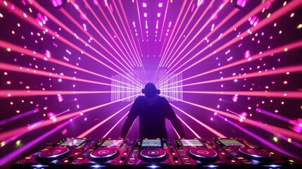 Poster - A DJ stands behind a mixer, illuminated by pink laser lights.