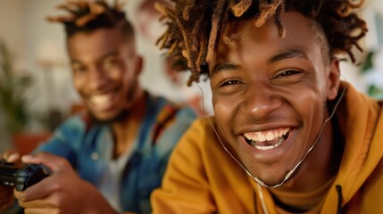 Two friends are sitting close together, one focused on gaming while the other smiles brightly, showing their genuine joy and camaraderie in a cozy indoor setting.