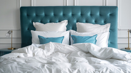 Sticker - blue bed with white bedding and duvet 