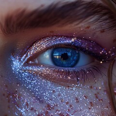 Woman eye make up with blue eyes Magenta and turquoise makeup close up