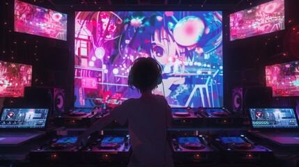 Aufkleber - A young anime DJ mixes music in a brightly lit studio, surrounded by screens displaying colorful animations.