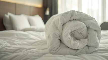 Sticker - white duvet rolled up on a bed 