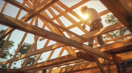 a construction worker building a wooden roof frame under the bright sunlight.