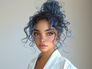 Wall Mural - portrait of a blue curly hair woman with bun freckles on her face