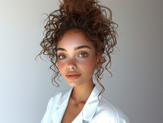 Wall Mural - portrait of a curly hair woman with bun freckles on her face