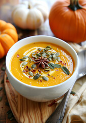 Wall Mural - pumpkin soup with pumpkin seeds and spice