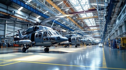 Wall Mural - Interior of an industrial hangar with several modern helicopters parked in a row, featuring high ceilings and well-lit metal structures.