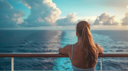 Poster - Young woman relaxing on an outdoor deck of a cruise ship looking at view of the sea on a luxury travel to cross the ocean