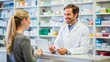 © sujanya - Happy pharmacist assisting customer in drugstore with purchasing medication, pharmacist, customer, medicine