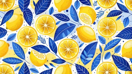 Bright juicy background with yellow and blue lemon pattern. Tropical print with yellow lemons on a blue background. Fruit repeating background.