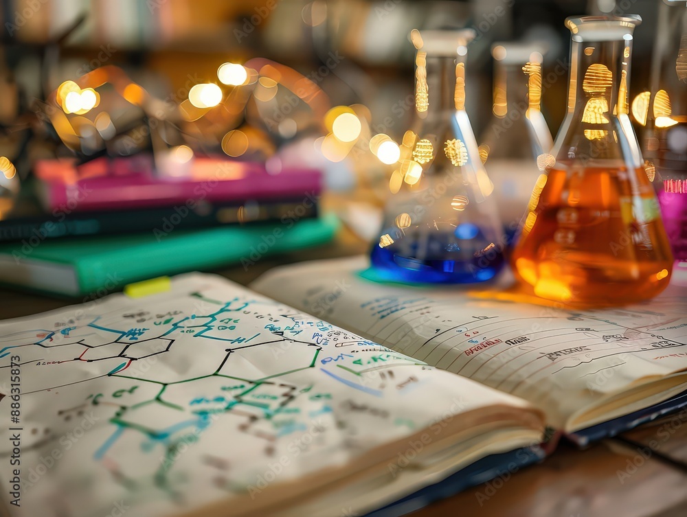 Stack chemistry textbooks or open laboratory notebooks with handwritten ...