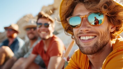 A group of friends basking in the sun at the beach, capturing their joy and the sunny vibrance of a fun-filled retreat, focused on one smiling with sunglasses.