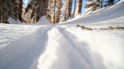 Fresh ski tracks carve through a sunlit snow-covered path in a winter forest, embodying adventure and the pristine beauty of a tranquil morning in the outdoors.