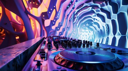 Poster - A DJ mixer sits on a table in a neon-lit club, with a swirling light pattern in the background.