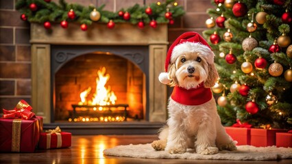 Santa Claus puppy dog sitting by a Christmas holiday tree next to a fireplace , Santa Claus, puppy dog, Christmas tree, holiday