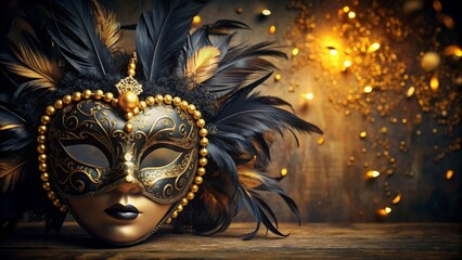 Beautiful carnival mask with black feathers and gold decor, carnival, mask, feathers, gold, beautiful, fancy, elegant