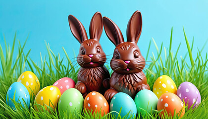 Wall Mural - Cute chocolate easter bunnies with copy space