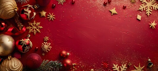 Wall Mural - Red Christmas Background with Gold Ornaments & Snowflakes