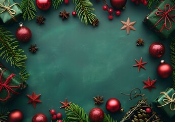 Poster - Christmas Festive Green Background with Ornaments, Gifts and Stars