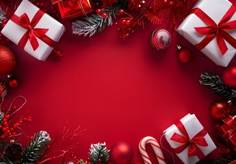 Sticker - Red Christmas Background with Gifts and Decorations