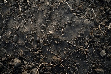 Sticker - Detailed view of dark, gritty soil with scattered roots and rocks, Dark, gritty soil with scattered roots and rocks