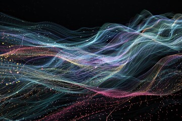 Poster - Abstract representation of a colorful wave pulsating in the dark, creating a mesmerizing visual pattern, Data streams flowing through a network topology