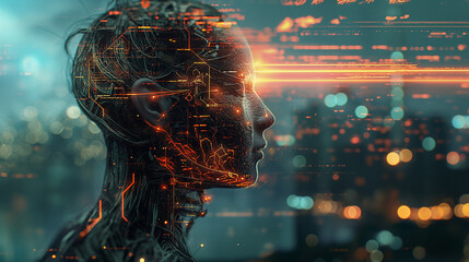 Wall Mural - Digital representation of a human head with glowing data and circuitry.