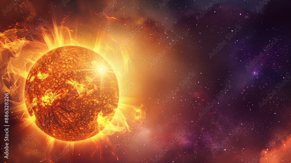 illustration of the sun, glowing and radiating with energy; cosmic ...