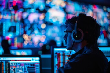 Wall Mural - A technician wearing a headset intently analyzes data on multiple monitors in a dimly lit operations center