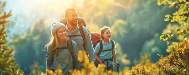 Wall Mural - Father and his two kids having a good time in recreation in nature. Family leisure and vacation concept.