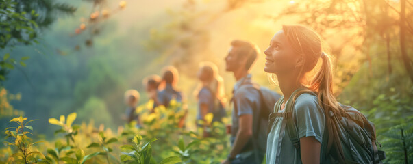 Wall Mural - Happy woman with backpack standing on the nature. Family leisure, vacation and recreation concept.