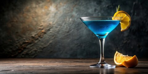 Blue cocktail with a citrus garnish on a modern cocktail glass, blue, cocktail, drink, beverage, alcohol, glass, bar, citrus