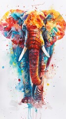 elephant watercolor portrait, multicolored paints on a white background 