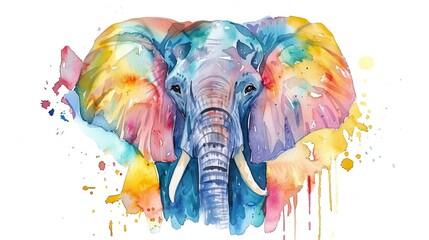 Wall Mural - elephant watercolor portrait, multicolored paints on a white background 